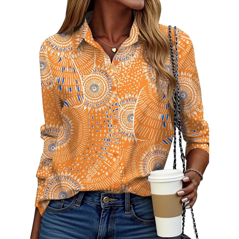 image:imageZeagoo Button Down Shirt Women Long Sleeve Blouses Casual Tops Work OutfitsOrange Printed