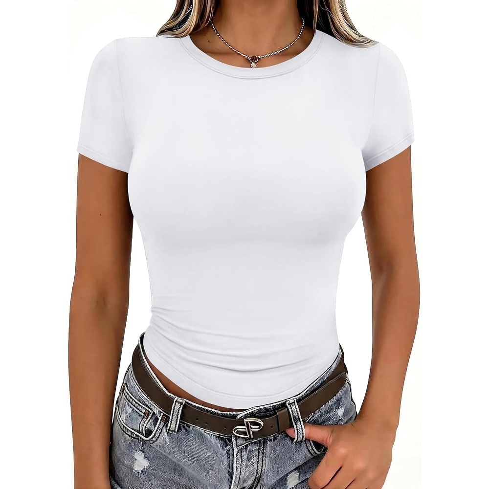 image:imageZeagoo Women Short Sleeve T Shirts Fitted Summer Tops Stretchy Basic TeeAwhite