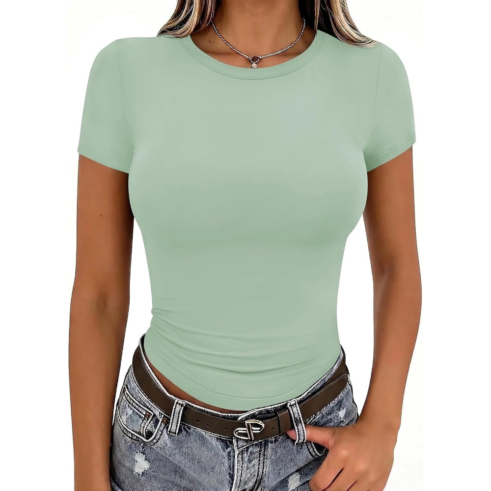 image:imageZeagoo Women Short Sleeve T Shirts Fitted Summer Tops Stretchy Basic TeeLight Green