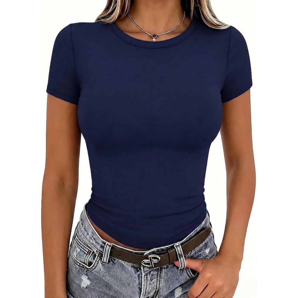 image:imageZeagoo Women Short Sleeve T Shirts Fitted Summer Tops Stretchy Basic TeeNavy Blue