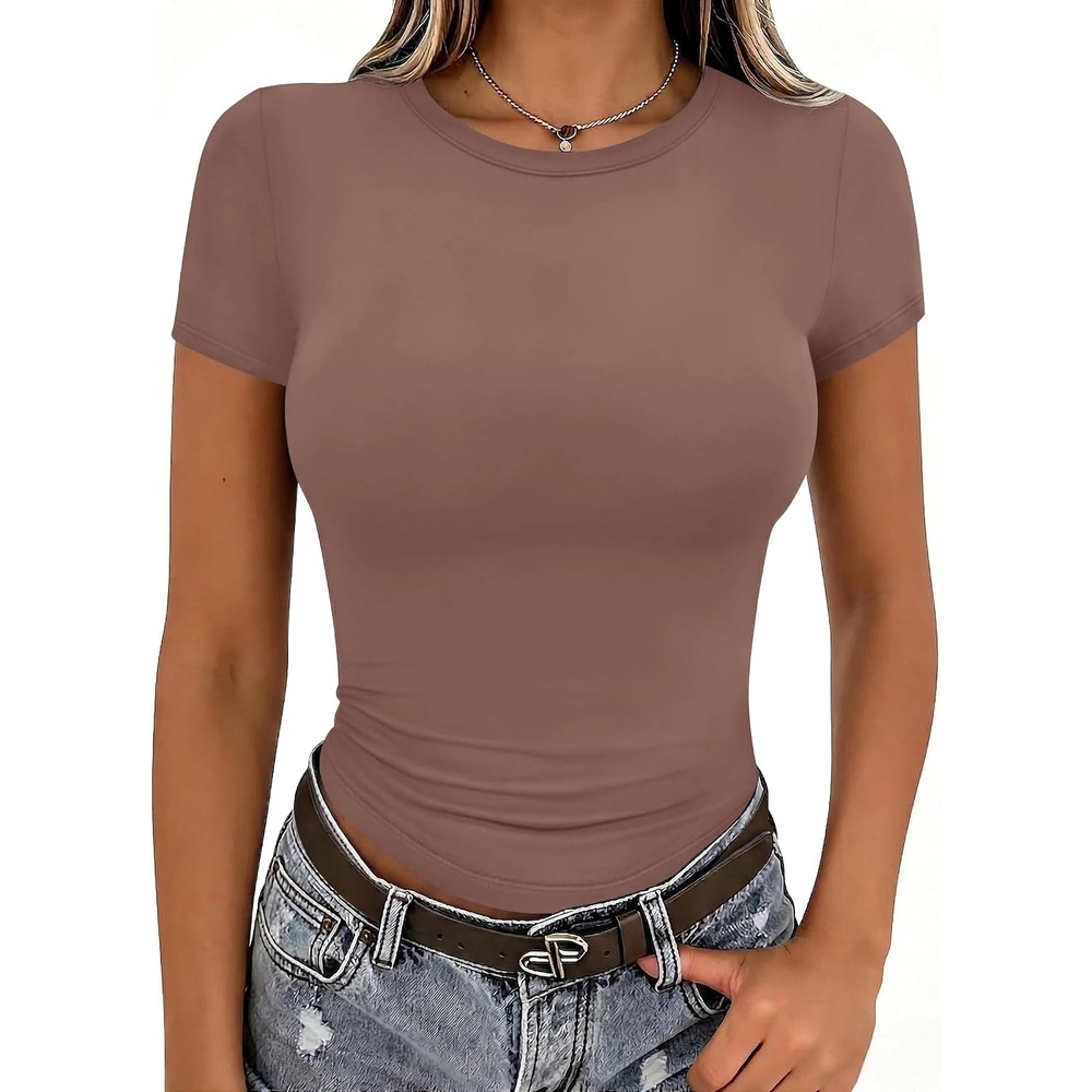 image:imageZeagoo Women Short Sleeve T Shirts Fitted Summer Tops Stretchy Basic TeeShort Sleeve Brown