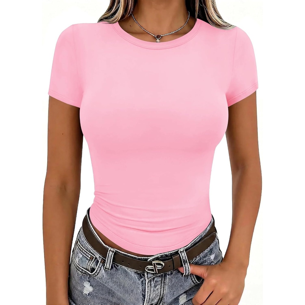 image:imageZeagoo Women Short Sleeve T Shirts Fitted Summer Tops Stretchy Basic TeeShort Sleeve Pink