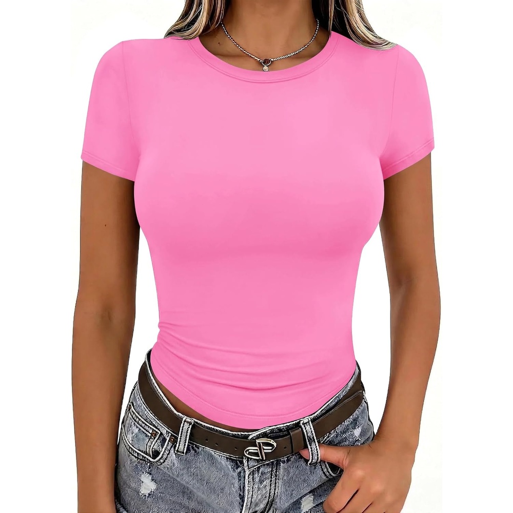 image:imageZeagoo Women Short Sleeve T Shirts Fitted Summer Tops Stretchy Basic TeeShort Sleeve Rose Red