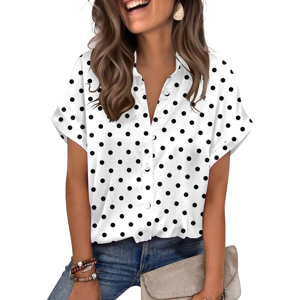 image:imageZeagoo Womens Satin Blouse Short Sleeve Silk Tops Button Down ShirtsBlack Polka Dot