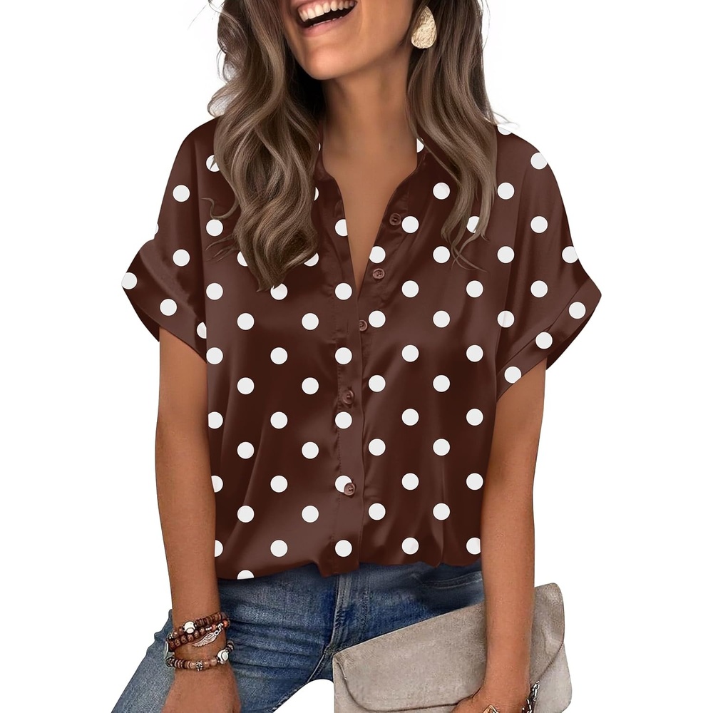 image:imageZeagoo Womens Satin Blouse Short Sleeve Silk Tops Button Down ShirtsBrown Polka Dot