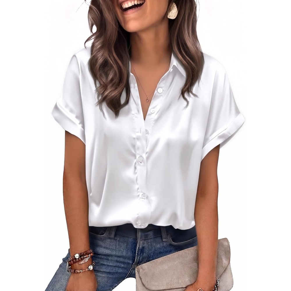 image:imageZeagoo Womens Satin Blouse Short Sleeve Silk Tops Button Down ShirtsWhite