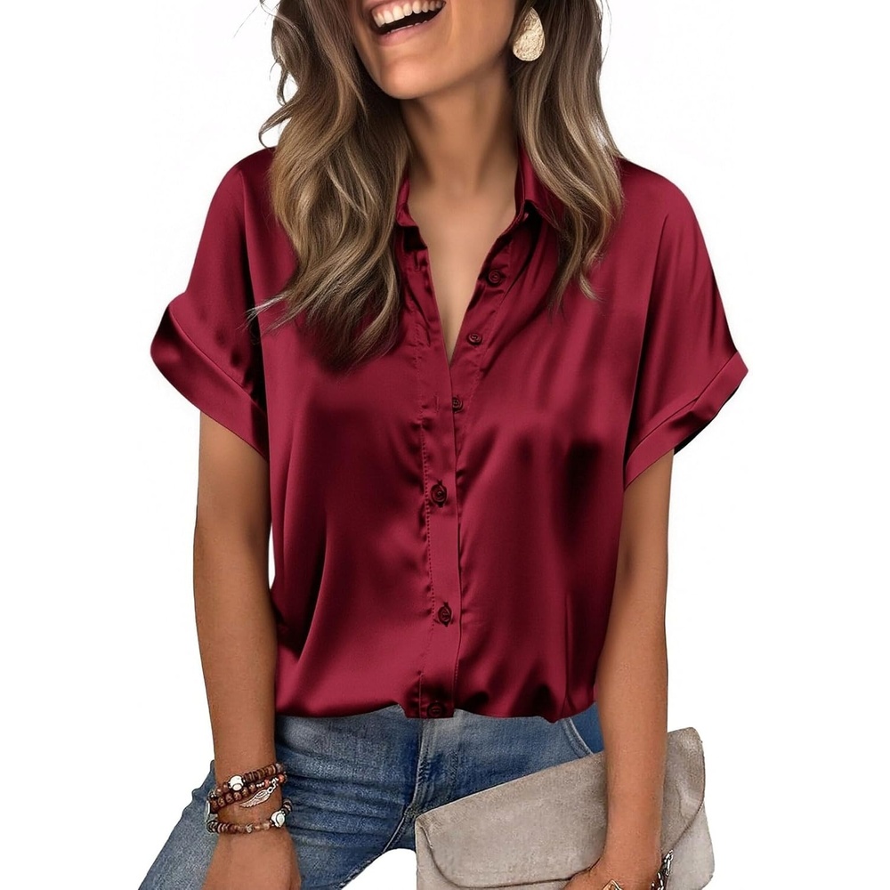image:imageZeagoo Womens Satin Blouse Short Sleeve Silk Tops Button Down ShirtsWine Red