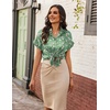 Zeagoo Womens Satin Blouse Short Sleeve Silk Tops Button Down Shirts(Green Floral)