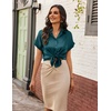 Zeagoo Womens Satin Blouse Short Sleeve Silk Tops Button Down Shirts(Teal)
