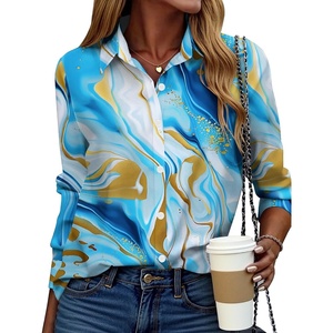 Zeagoo Button Down Shirt Women Long Sleeve Blouses Casual Tops Work Outfits(D-blue Printed)