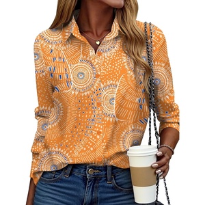 Zeagoo Button Down Shirt Women Long Sleeve Blouses Casual Tops Work Outfits(Orange Printed)