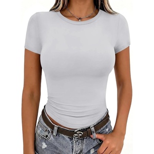 Zeagoo Women Short Sleeve T Shirts Fitted Summer Tops Stretchy Basic Tee(Short Sleeve Light Grey)