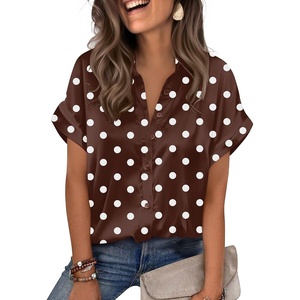 Zeagoo Womens Satin Blouse Short Sleeve Silk Tops Button Down Shirts(Brown Polka Dot)