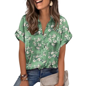 Zeagoo Womens Satin Blouse Short Sleeve Silk Tops Button Down Shirts(Green Floral)