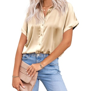 Zeagoo Womens Satin Blouse Short Sleeve Silk Tops Button Down Shirts(Khaki)