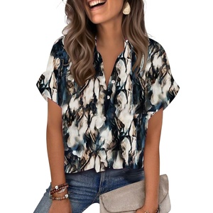 Zeagoo Womens Satin Blouse Short Sleeve Silk Tops Button Down Shirts(Tie Dye Navy)