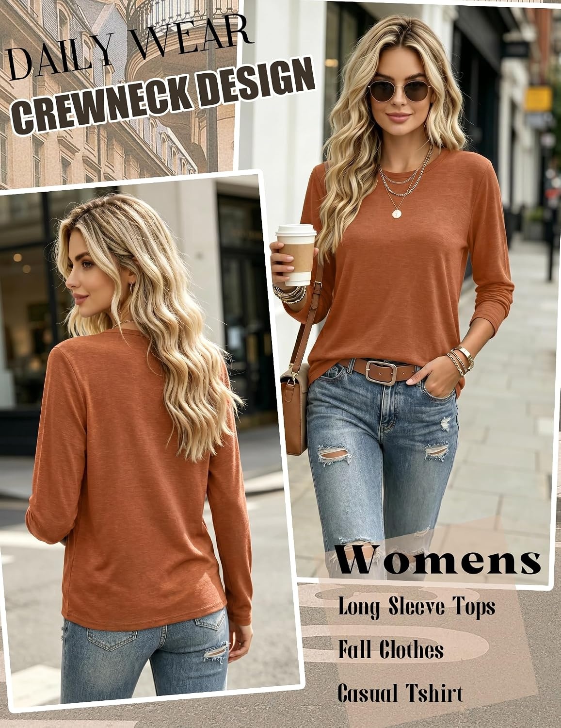 image:imageZeagoo Women Crewneck Casual Long Sleeve Tops Fall Tshirts LayerCaramel
