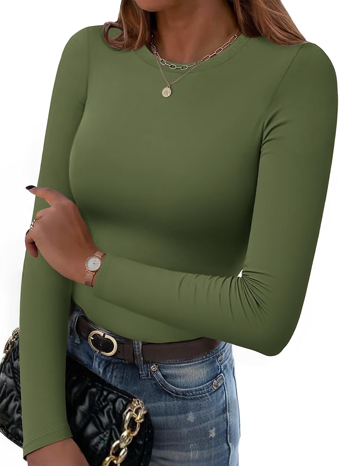 image:imageZeagoo Women Long Sleeve Shirts Crewneck Slim Fit Tops Going Out Basic TeeLong Sleevearmy Green