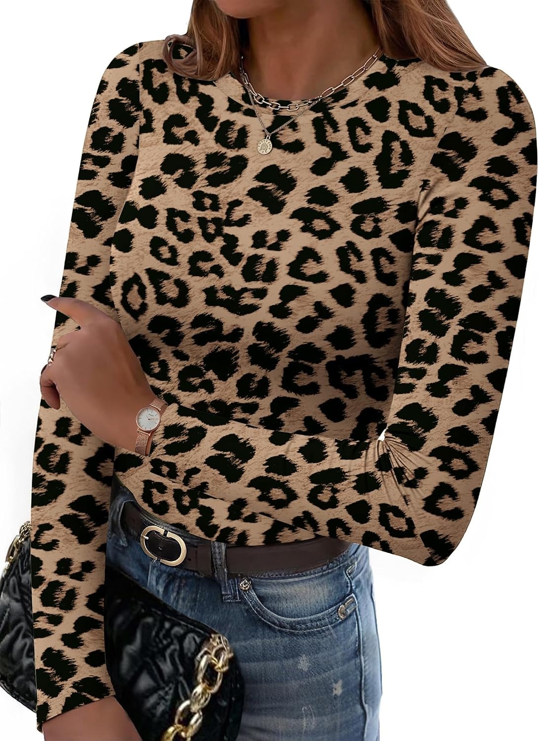 image:imageZeagoo Women Long Sleeve Shirts Crewneck Slim Fit Tops Going Out Basic TeeLong Sleeveleopard Print