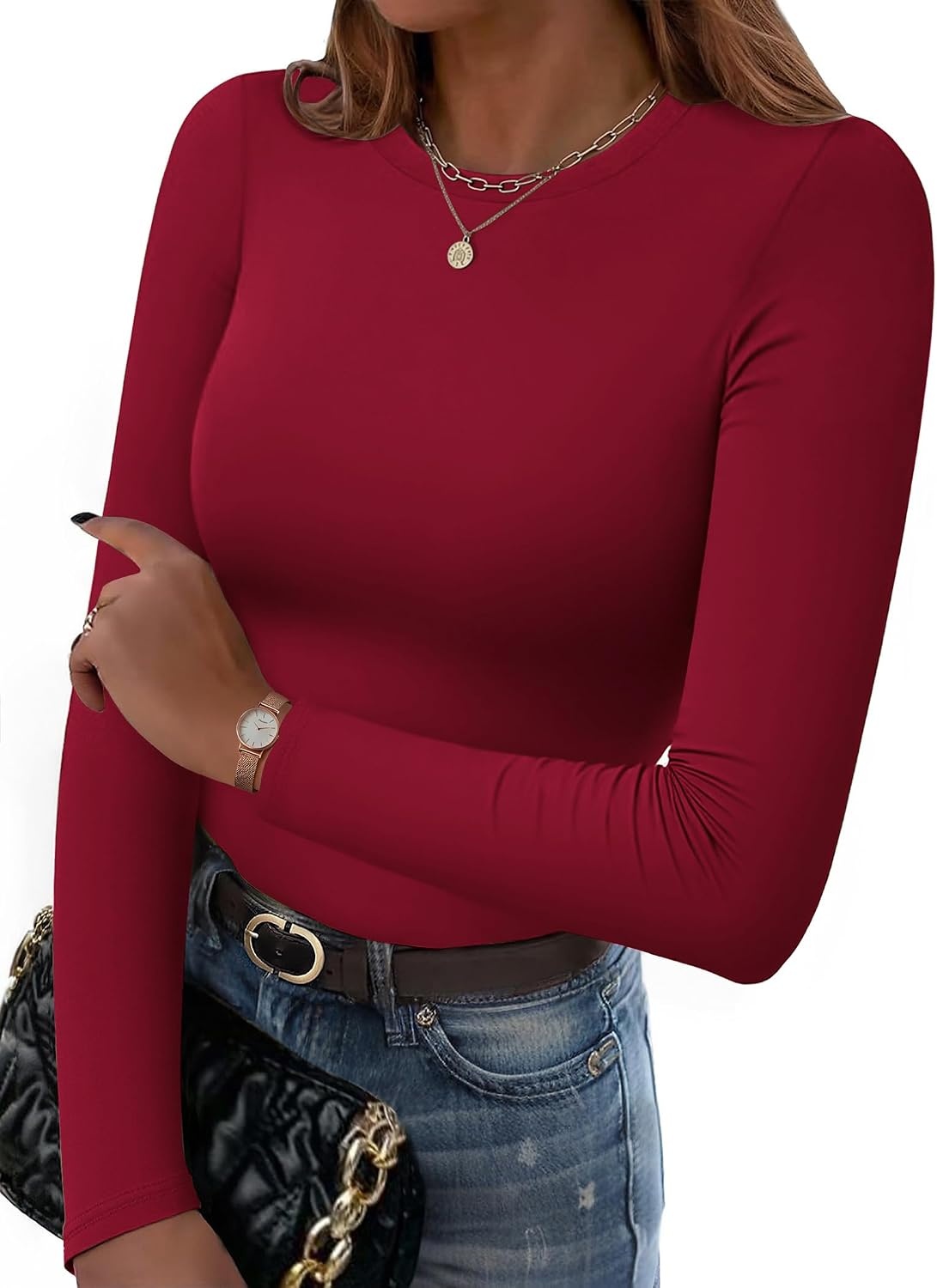 image:imageZeagoo Women Long Sleeve Shirts Crewneck Slim Fit Tops Going Out Basic TeeLong Sleevewine Red