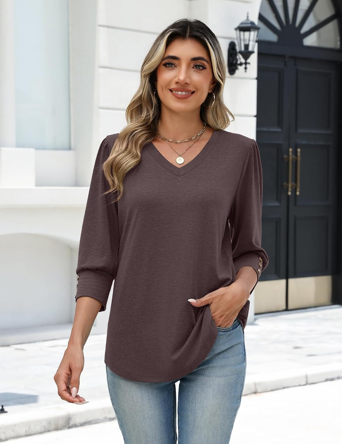 image:imageZeagoo Womens 34 Sleeve V Neck T Shirts Dressy Casual Tops04brown
