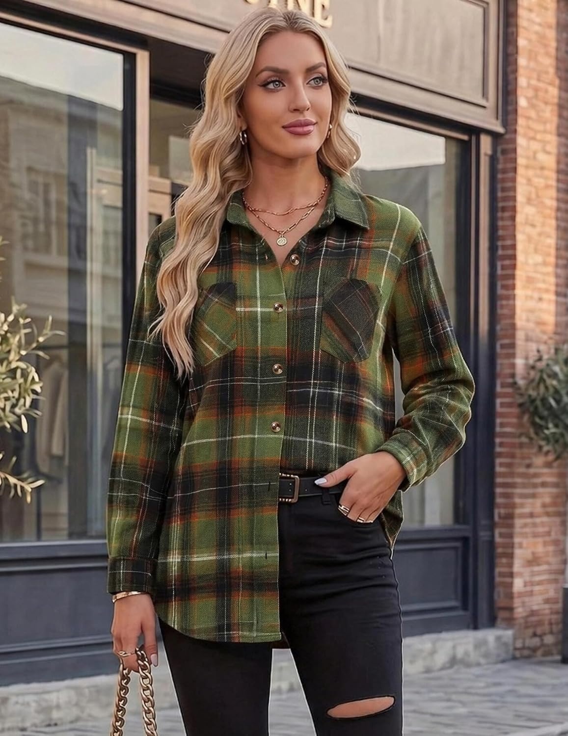 image:imageZeagoo Womens Flannel Shirts Long Sleeve Button Down Casual Fall Plaid Top12army Green Gw378