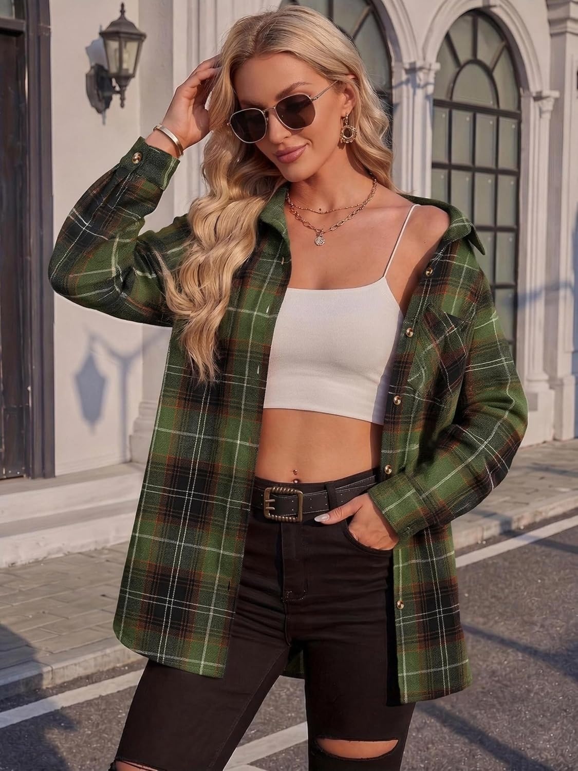 image:imageZeagoo Womens Flannel Shirts Long Sleeve Button Down Casual Fall Plaid Top12army Green Gw378