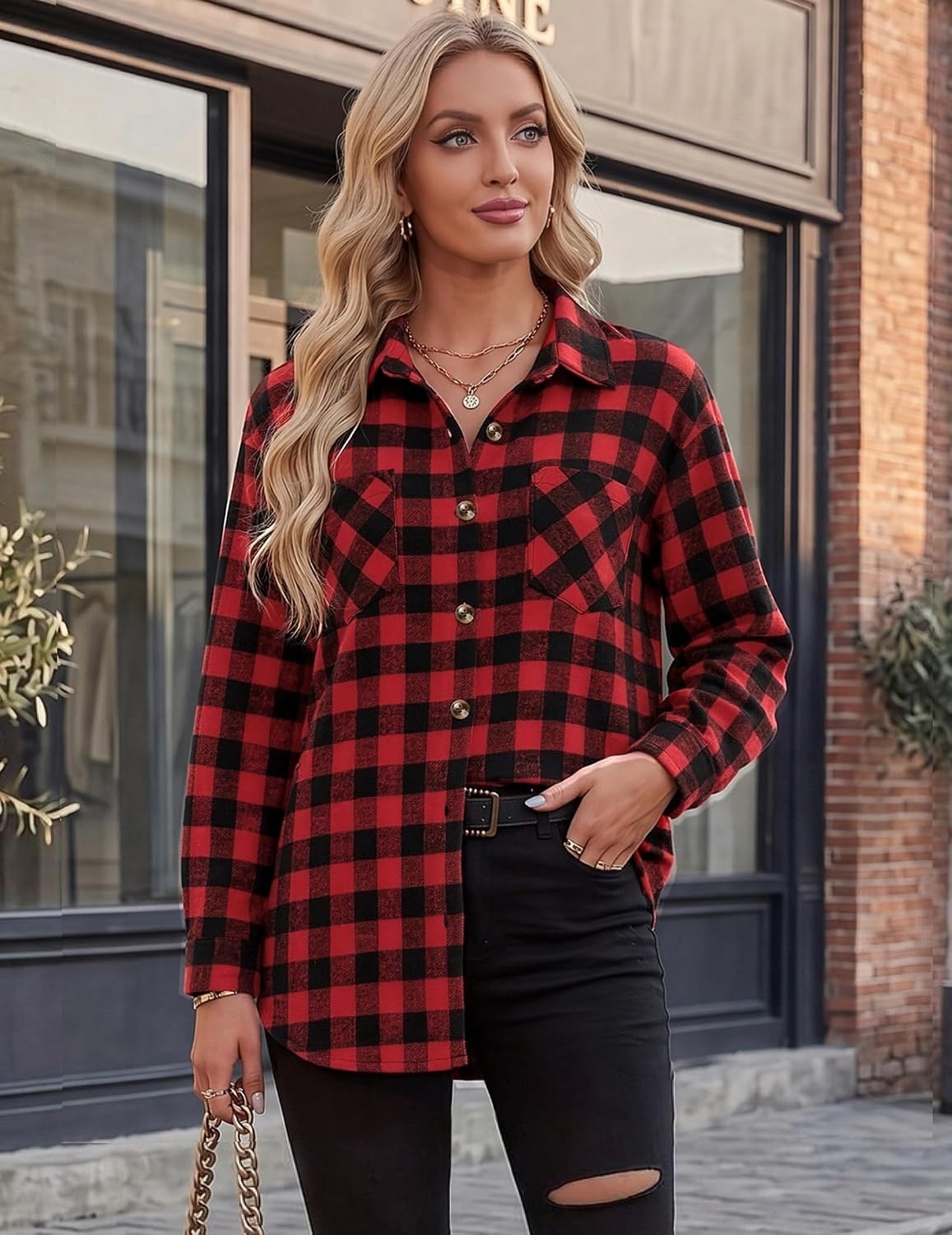 image:imageZeagoo Womens Flannel Shirts Long Sleeve Button Down Casual Fall Plaid Top13black Red Gz188