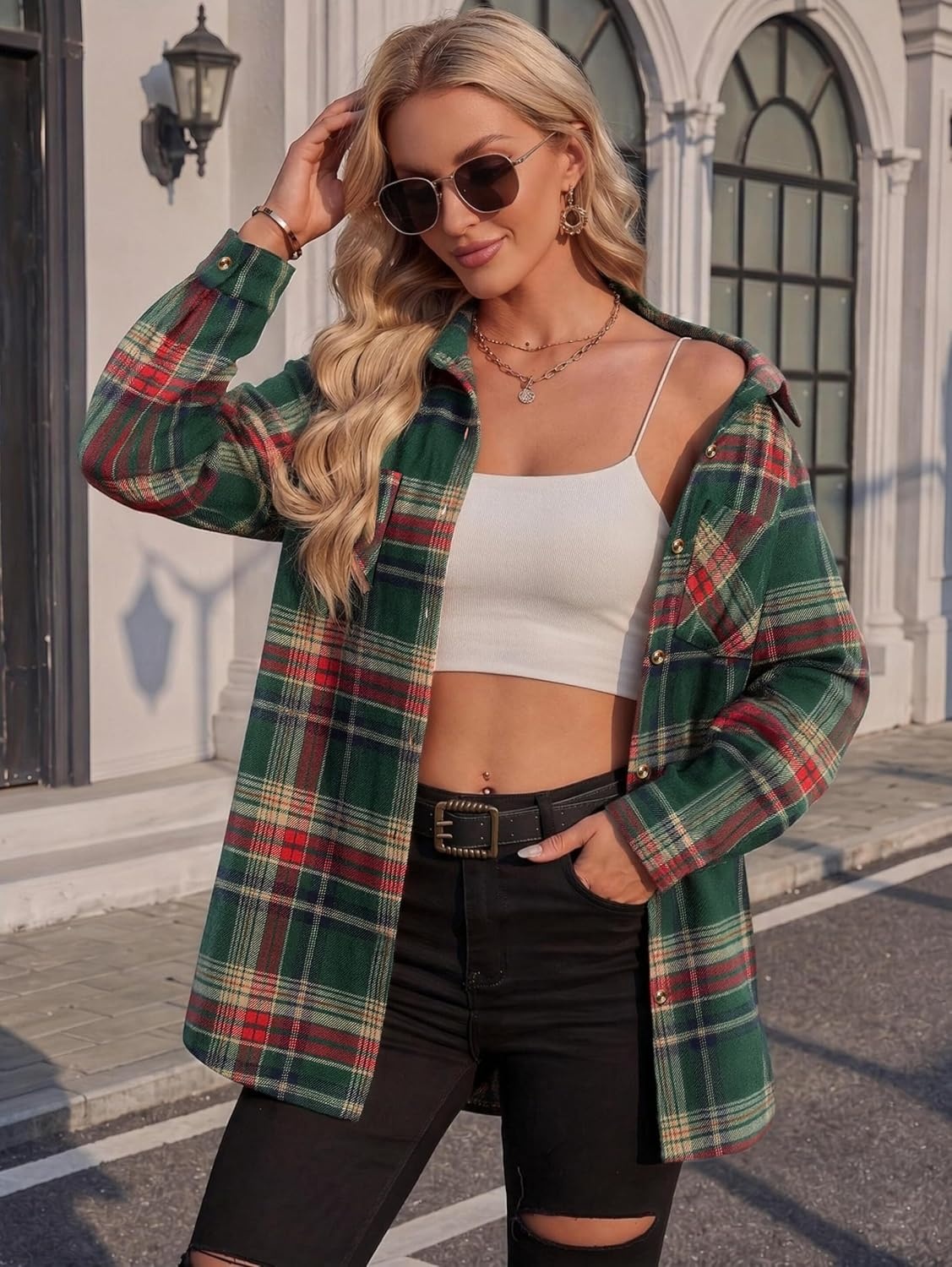 image:imageZeagoo Womens Flannel Shirts Long Sleeve Button Down Casual Fall Plaid Top14green Gw553