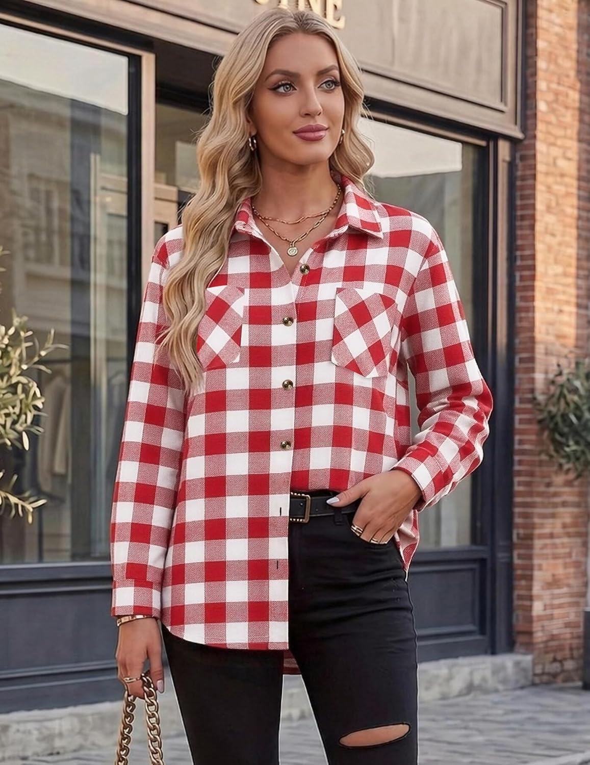 image:imageZeagoo Womens Flannel Shirts Long Sleeve Button Down Casual Fall Plaid Top16red White Gz192