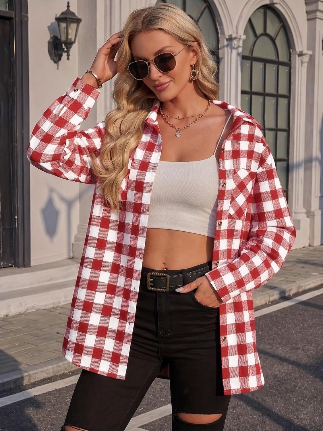 image:imageZeagoo Womens Flannel Shirts Long Sleeve Button Down Casual Fall Plaid Top16red White Gz192