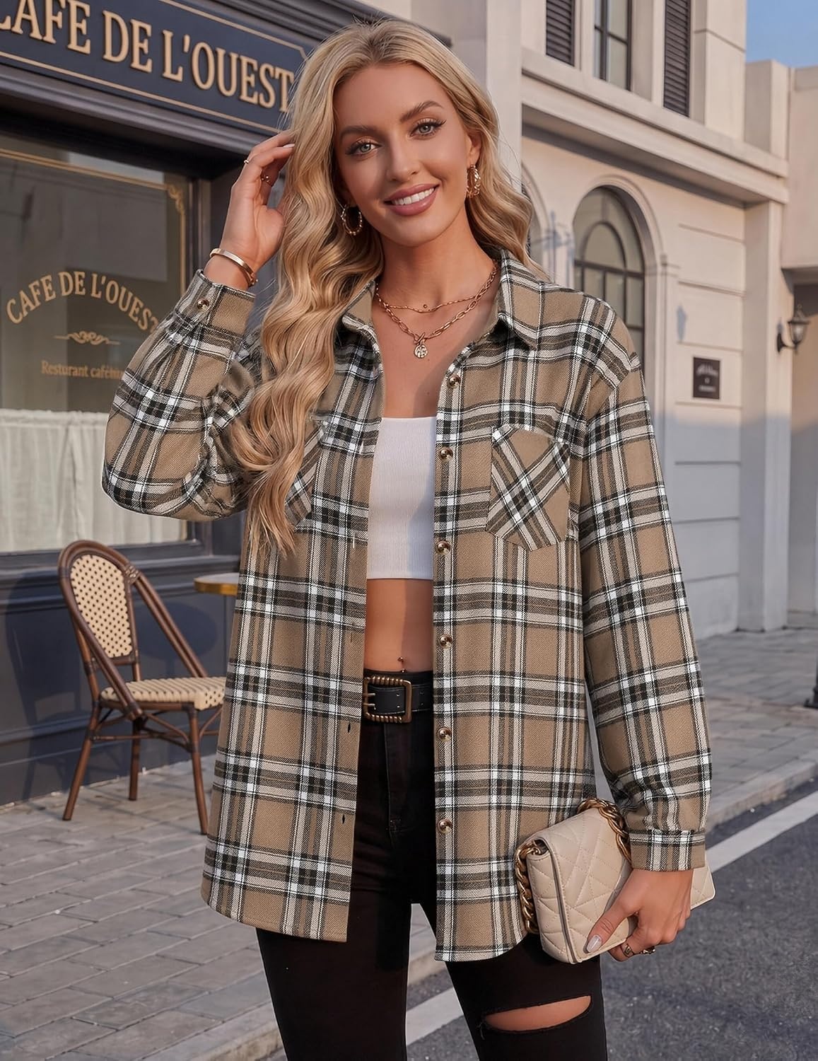 image:imageZeagoo Womens Flannel Shirts Long Sleeve Button Down Casual Fall Plaid Top17khakigz991