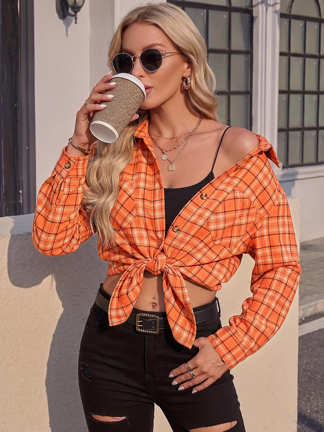 image:imageZeagoo Womens Flannel Shirts Long Sleeve Button Down Casual Fall Plaid Top20orange Gw689