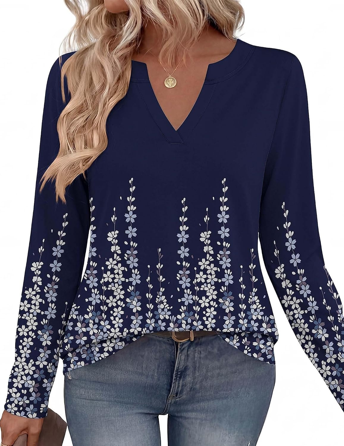 image:imageZeagoo Womens Tops Long Sleeve V Neck Tee Shirts Cute Dressy CasualBlue Flowers Sf388