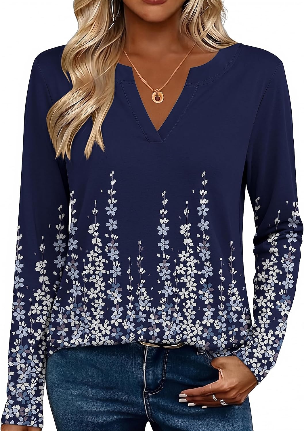 image:imageZeagoo Womens Tops Long Sleeve V Neck Tee Shirts Cute Dressy CasualBlue Flowers Sf388