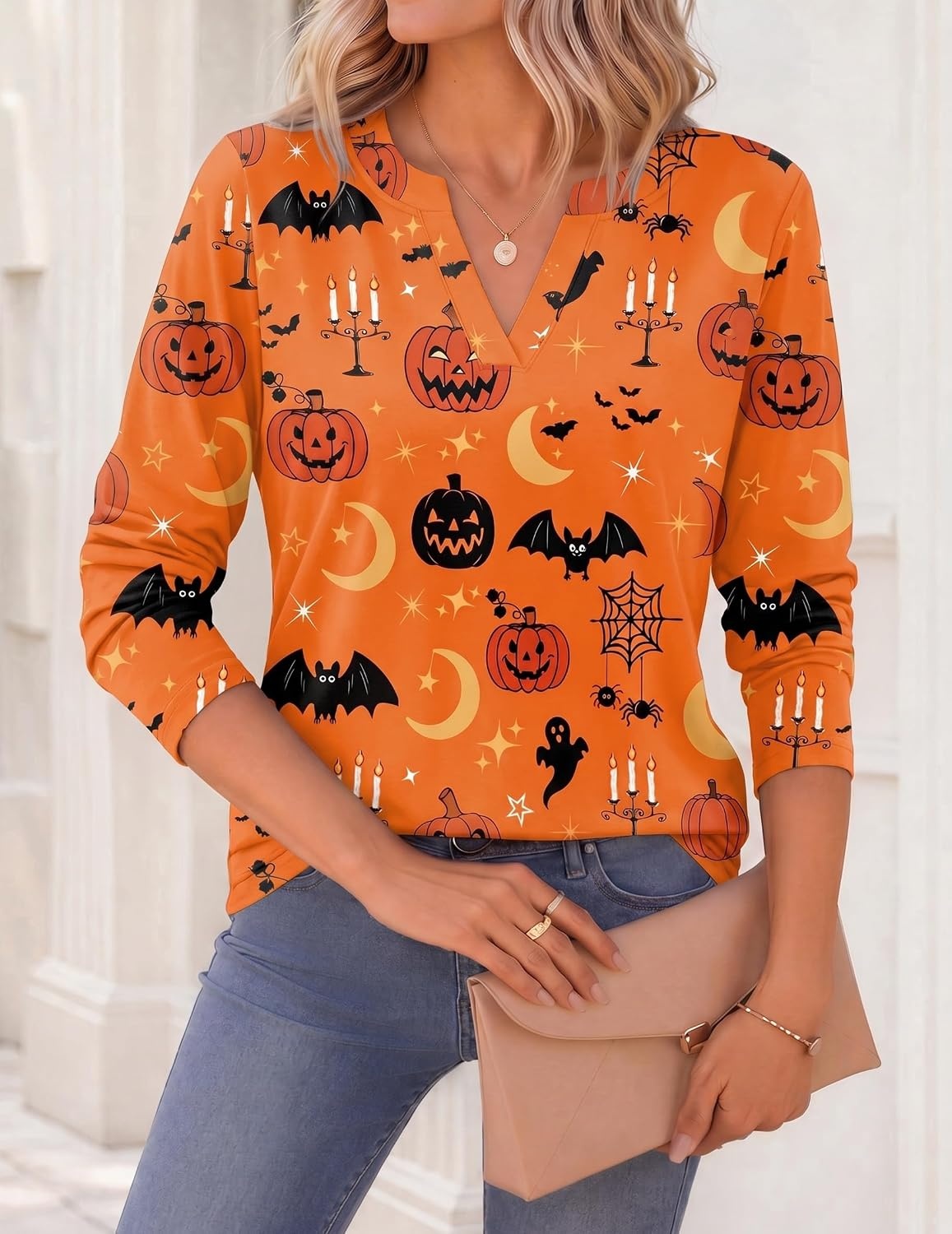 image:imageZeagoo Womens Tops Long Sleeve V Neck Tee Shirts Cute Dressy CasualHalloween Orange Pumpkins Ws85