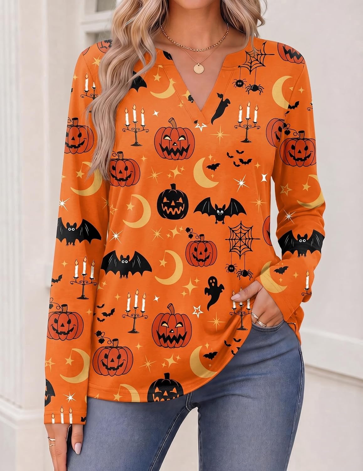 image:imageZeagoo Womens Tops Long Sleeve V Neck Tee Shirts Cute Dressy CasualHalloween Orange Pumpkins Ws85