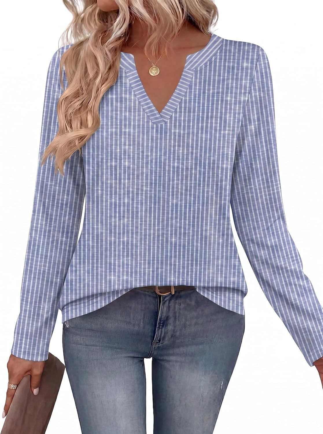 image:imageZeagoo Womens Tops Long Sleeve V Neck Tee Shirts Cute Dressy CasualLight Blue Striped Tz273