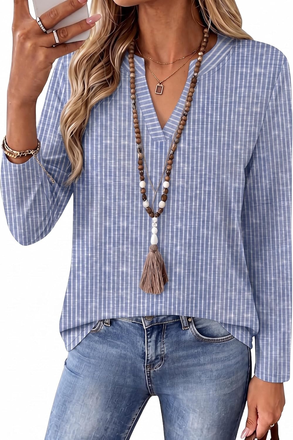 image:imageZeagoo Womens Tops Long Sleeve V Neck Tee Shirts Cute Dressy CasualLight Blue Striped Tz273