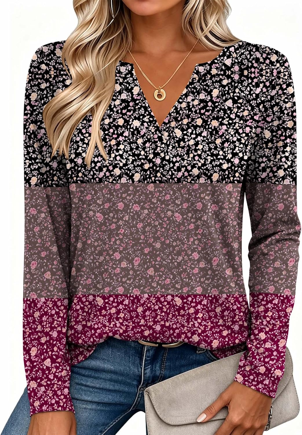image:imageZeagoo Womens Tops Long Sleeve V Neck Tee Shirts Cute Dressy CasualPurple Floral Xh596