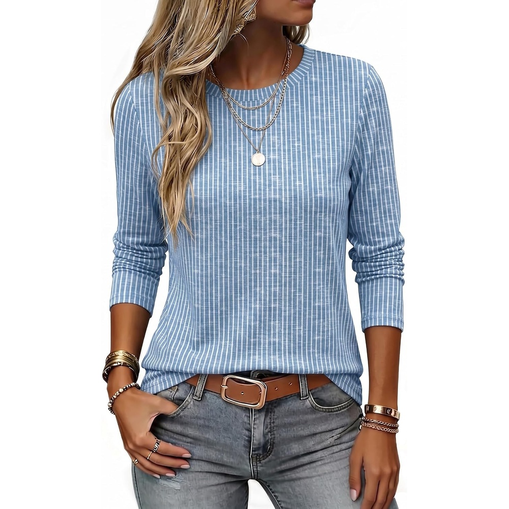 image:imageZeagoo Women Crewneck Casual Long Sleeve Tops Fall Tshirts LayerZ Stripes Blue 273