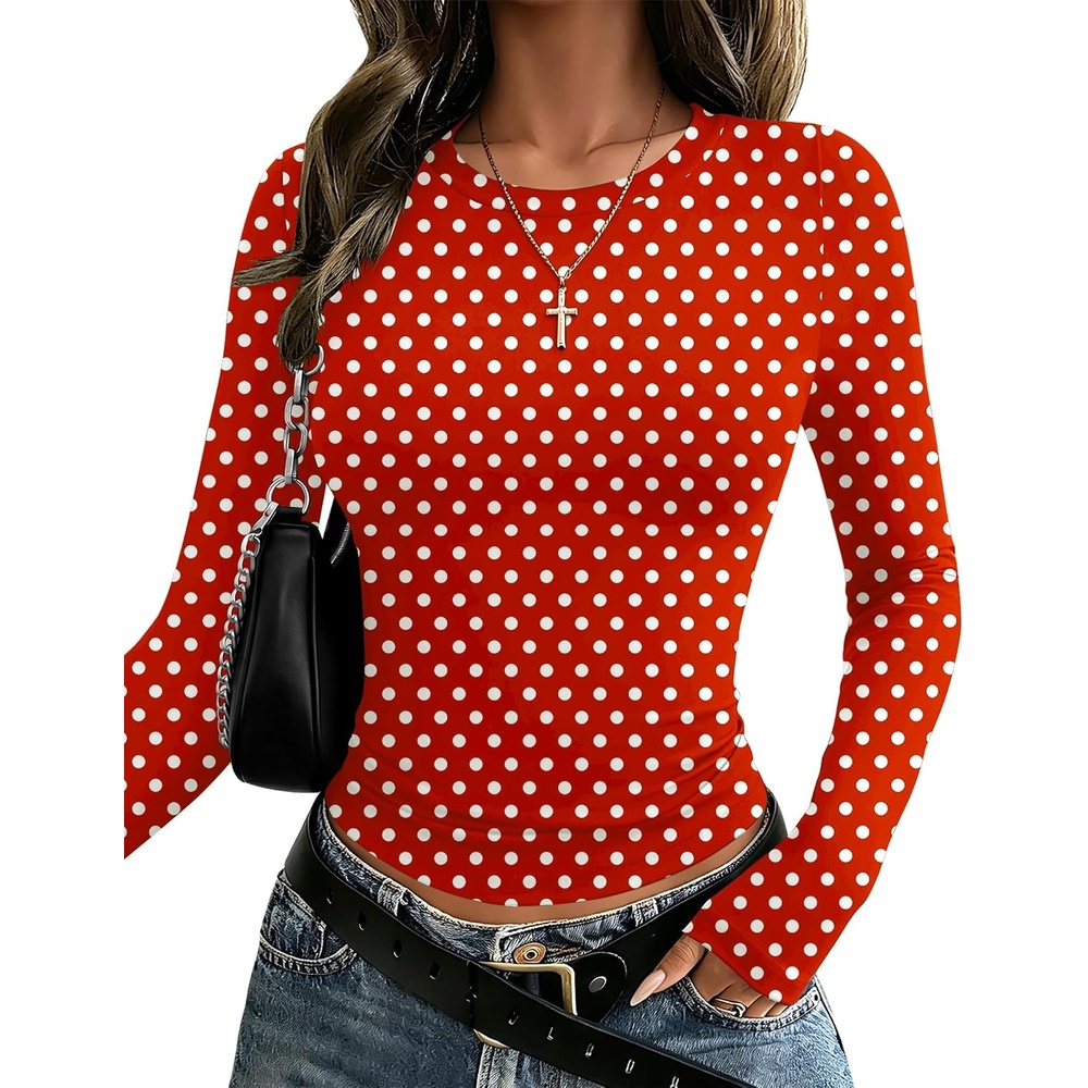 image:imageZeagoo Women Long Sleeve Shirts Crewneck Slim Fit Tops Going Out Basic TeeLong Sleevered Polka Dots