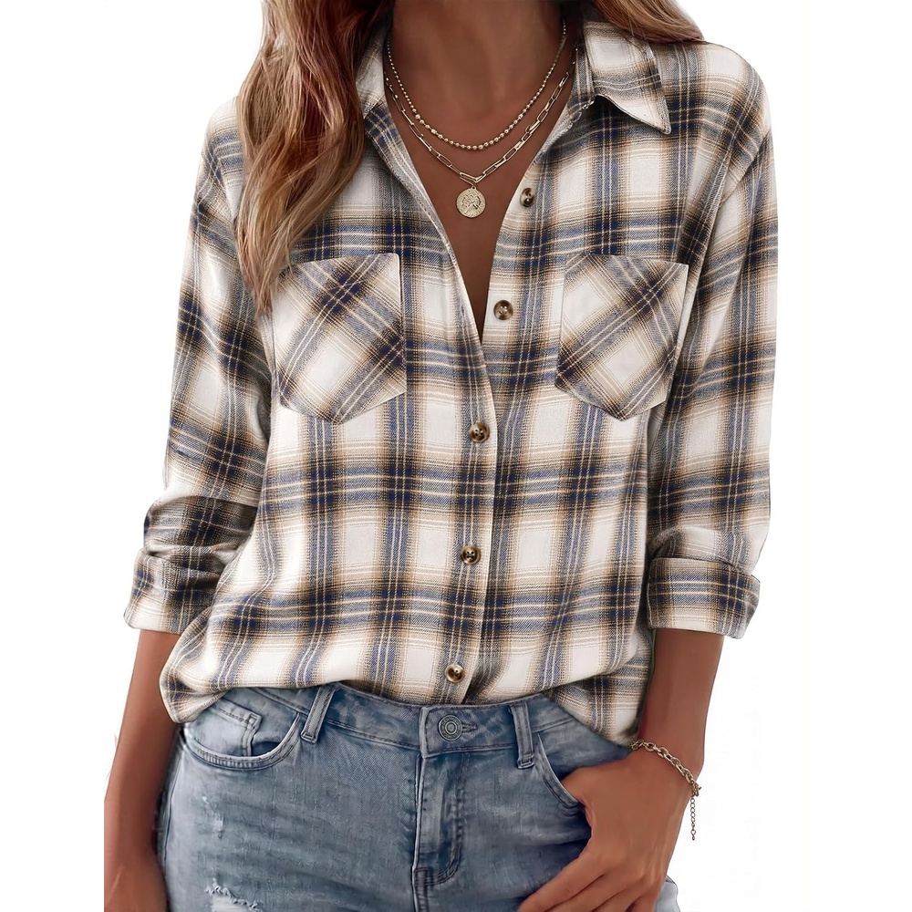 image:imageZeagoo Womens Flannel Shirts Long Sleeve Button Down Casual Fall Plaid Top11khaki Gw543