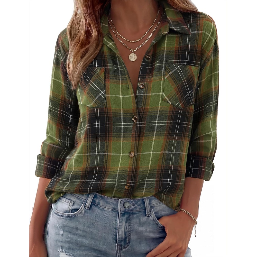 image:imageZeagoo Womens Flannel Shirts Long Sleeve Button Down Casual Fall Plaid Top12army Green Gw378