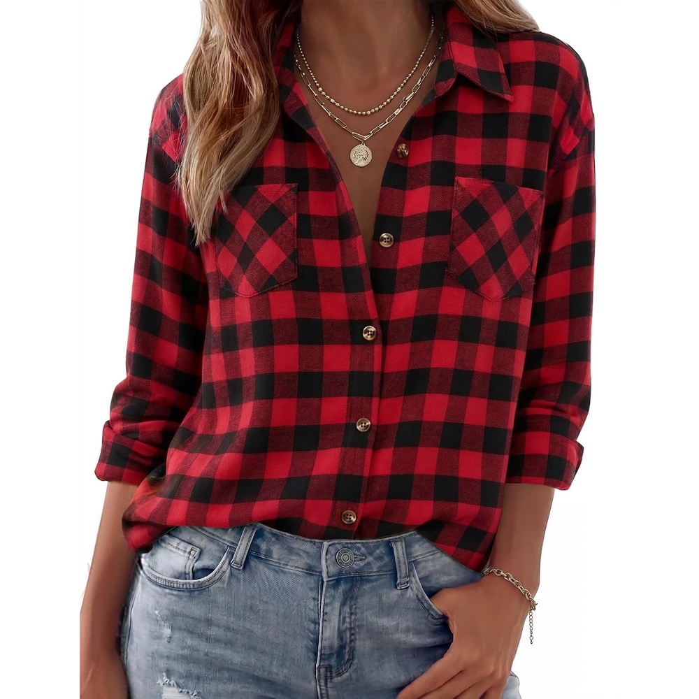 image:imageZeagoo Womens Flannel Shirts Long Sleeve Button Down Casual Fall Plaid Top13black Red Gz188