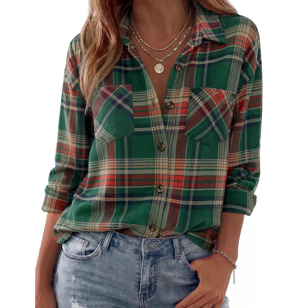 image:imageZeagoo Womens Flannel Shirts Long Sleeve Button Down Casual Fall Plaid Top14green Gw553