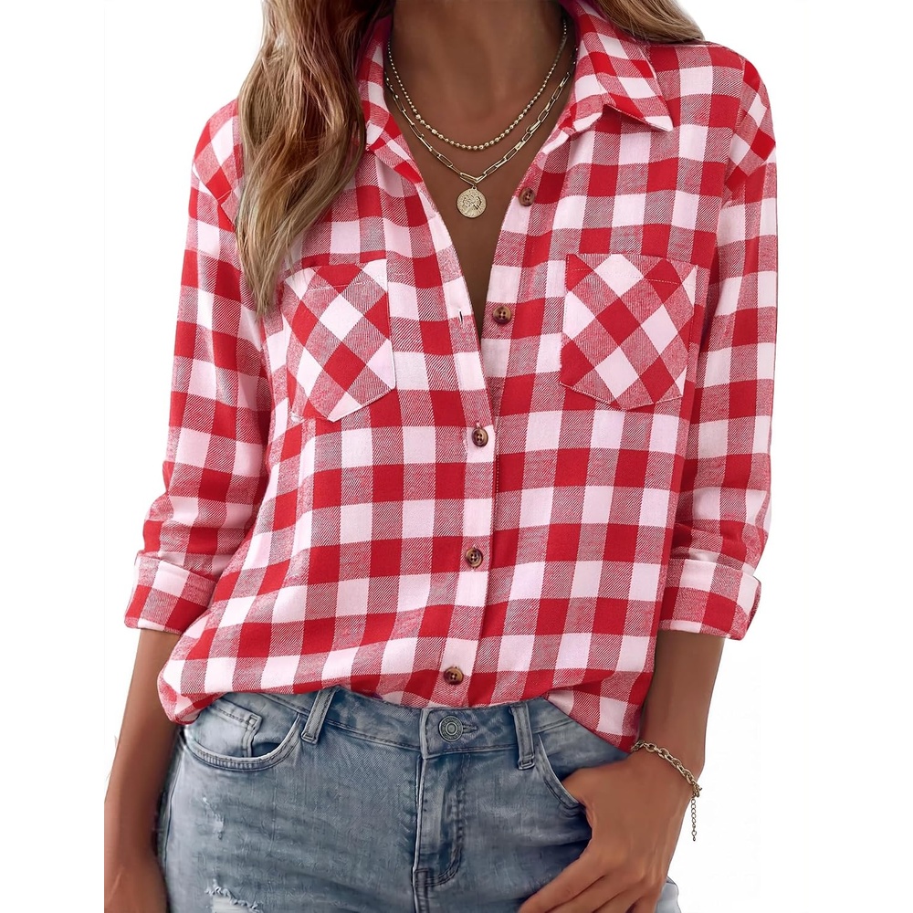 image:imageZeagoo Womens Flannel Shirts Long Sleeve Button Down Casual Fall Plaid Top16red White Gz192