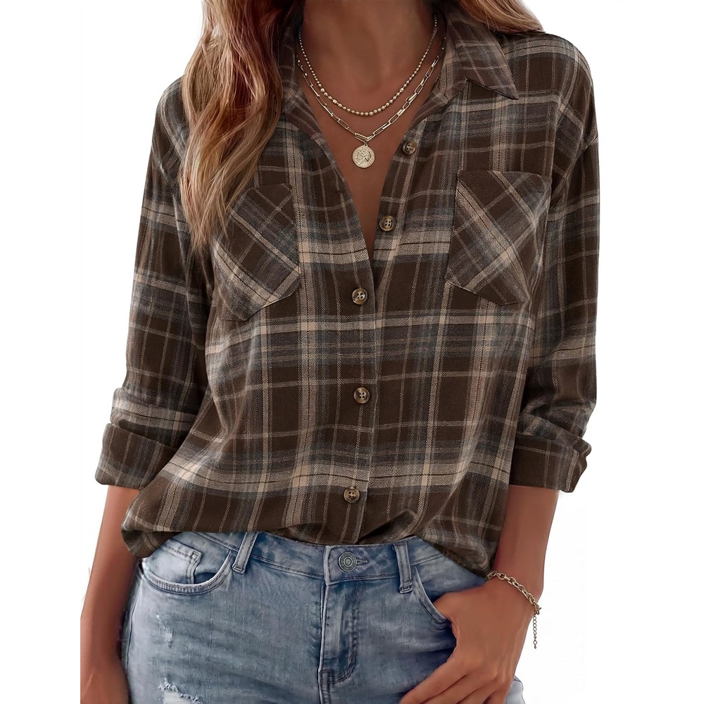 image:imageZeagoo Womens Flannel Shirts Long Sleeve Button Down Casual Fall Plaid Top19brown Gw542