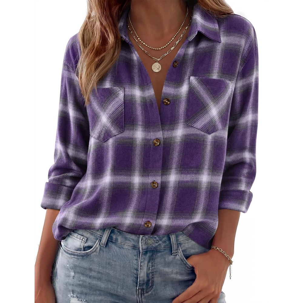 image:imageZeagoo Womens Flannel Shirts Long Sleeve Button Down Casual Fall Plaid Top6purple Gz678