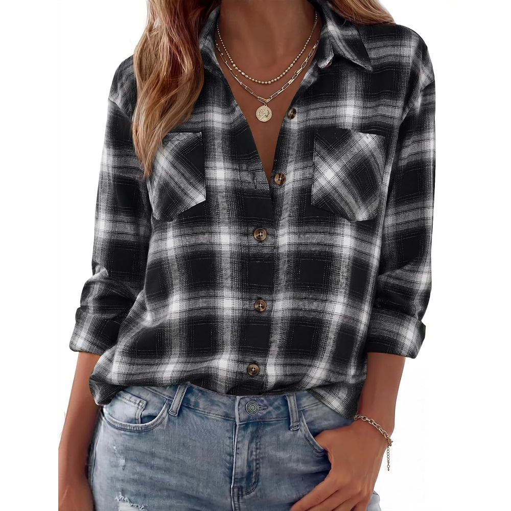 image:imageZeagoo Womens Flannel Shirts Long Sleeve Button Down Casual Fall Plaid Top9black Gz564
